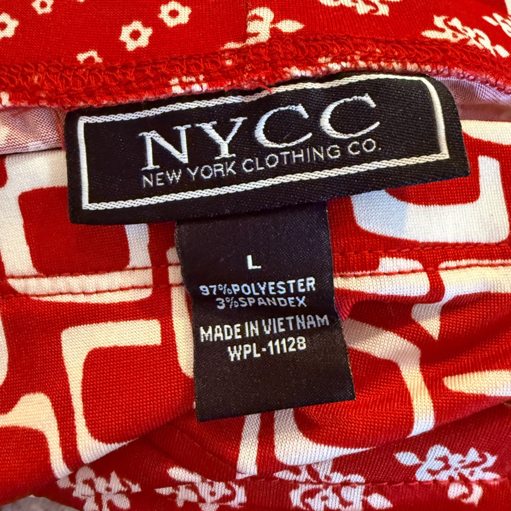 Geometric Patchwork Stretch NYCC Red White Midi Skirt Large Boho Floral Retro - Picture 4 of 5